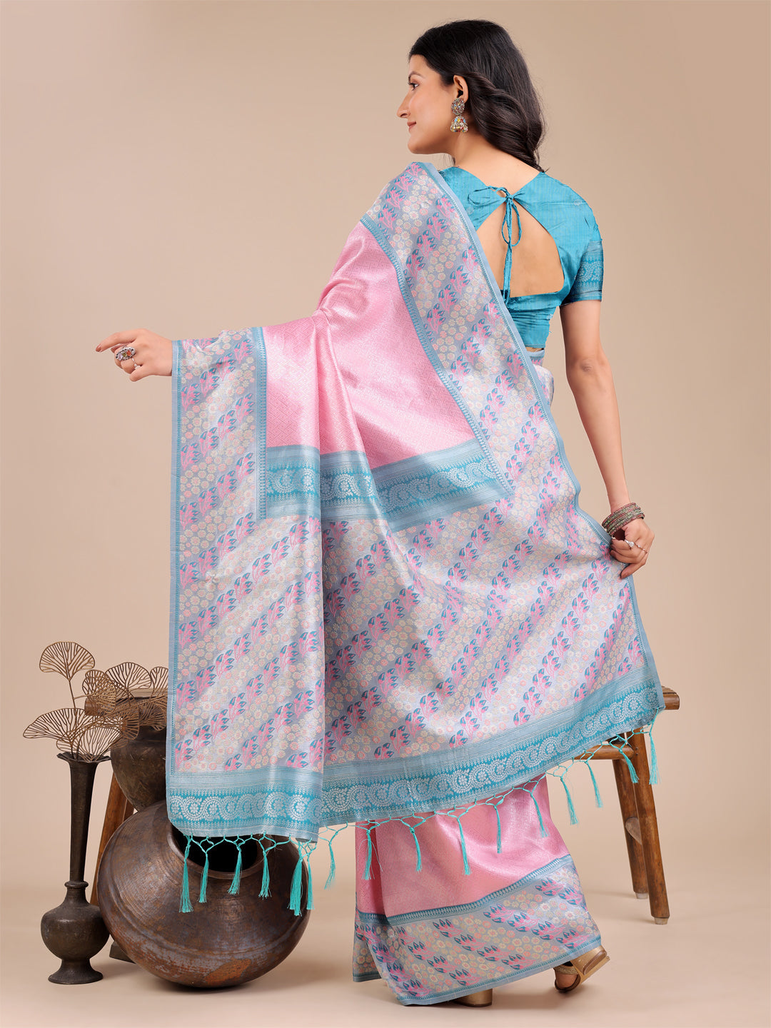 Shree Shyam Fashion Radiant Light Pink Silk Saree with Pink & Blue Floral Pattern - Perfect for Weddings & Festive Glamour