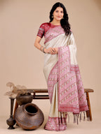 Shree Shyam Fashion Radiant Cream Silk Saree with Pink & Blue Floral Pattern - Perfect for Weddings & Festive Glamour