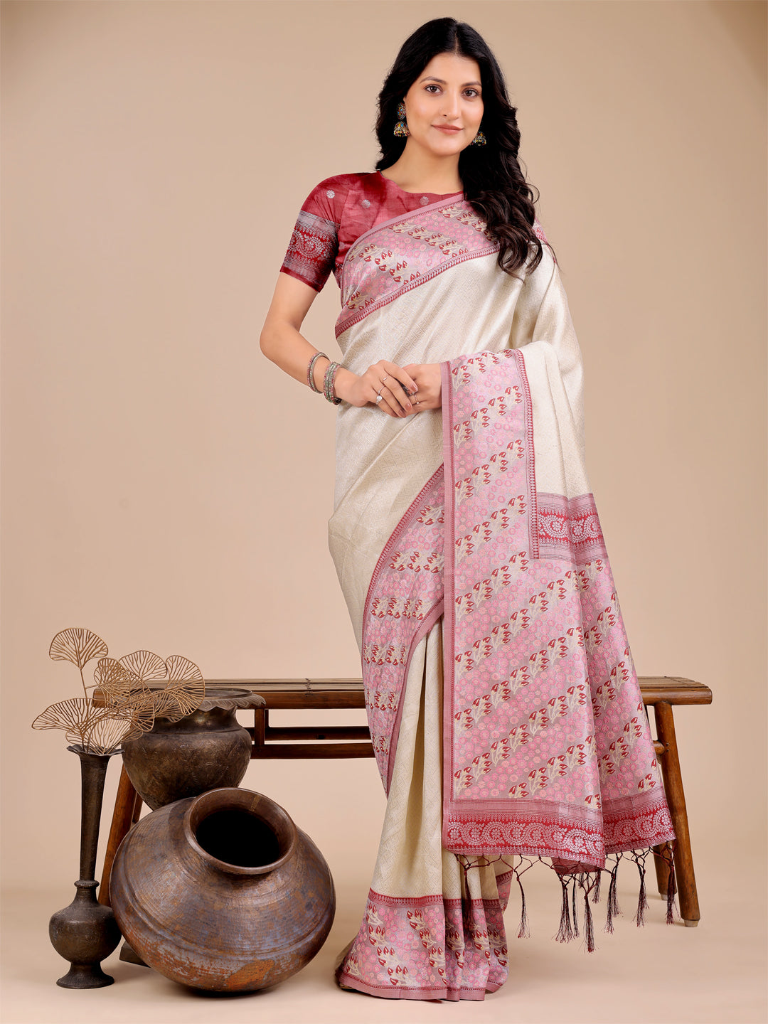 Shree Shyam Fashion Radiant Cream Silk Saree with Pink & Blue Floral Pattern - Perfect for Weddings & Festive Glamour