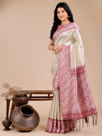 Shree Shyam Fashion Radiant Cream Silk Saree with Pink & Blue Floral Pattern - Perfect for Weddings & Festive Glamour
