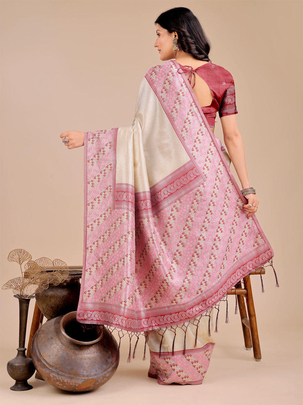 Shree Shyam Fashion Radiant Cream Silk Saree with Pink & Blue Floral Pattern - Perfect for Weddings & Festive Glamour