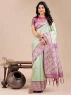 Shree Shyam Fashion Radiant Light Green Silk Saree with Pink & Blue Floral Pattern - Perfect for Weddings & Festive Glamour