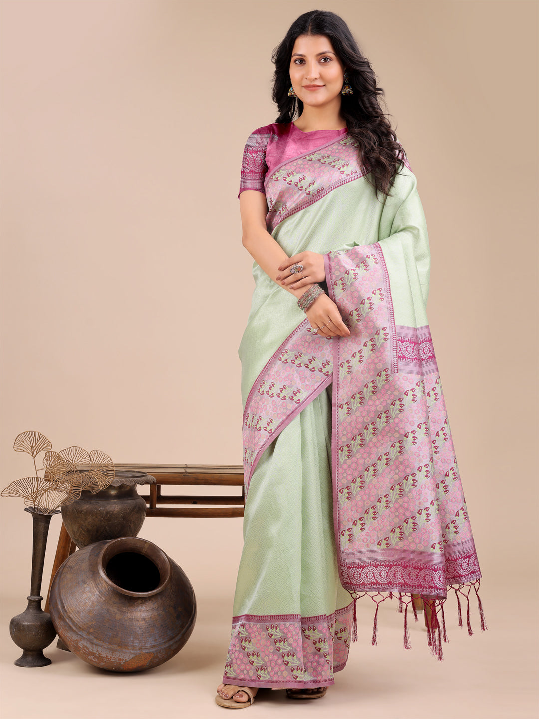 Shree Shyam Fashion Radiant Light Green Silk Saree with Pink & Blue Floral Pattern - Perfect for Weddings & Festive Glamour