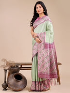 Shree Shyam Fashion Radiant Light Green Silk Saree with Pink & Blue Floral Pattern - Perfect for Weddings & Festive Glamour
