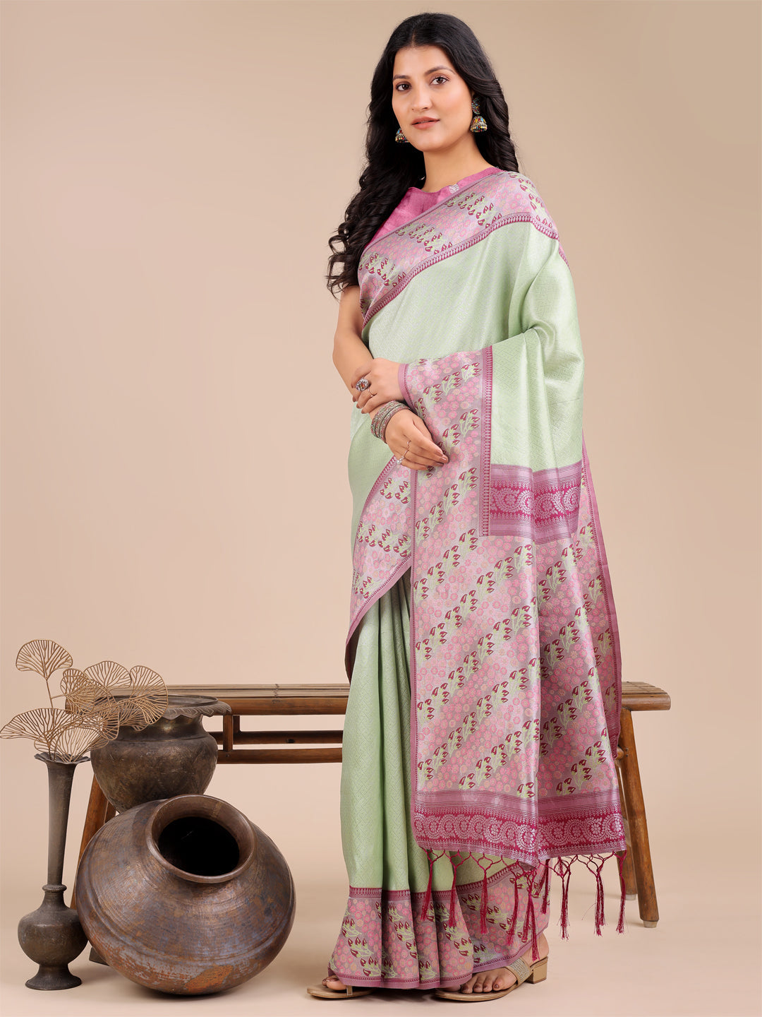 Shree Shyam Fashion Radiant Light Green Silk Saree with Pink & Blue Floral Pattern - Perfect for Weddings & Festive Glamour
