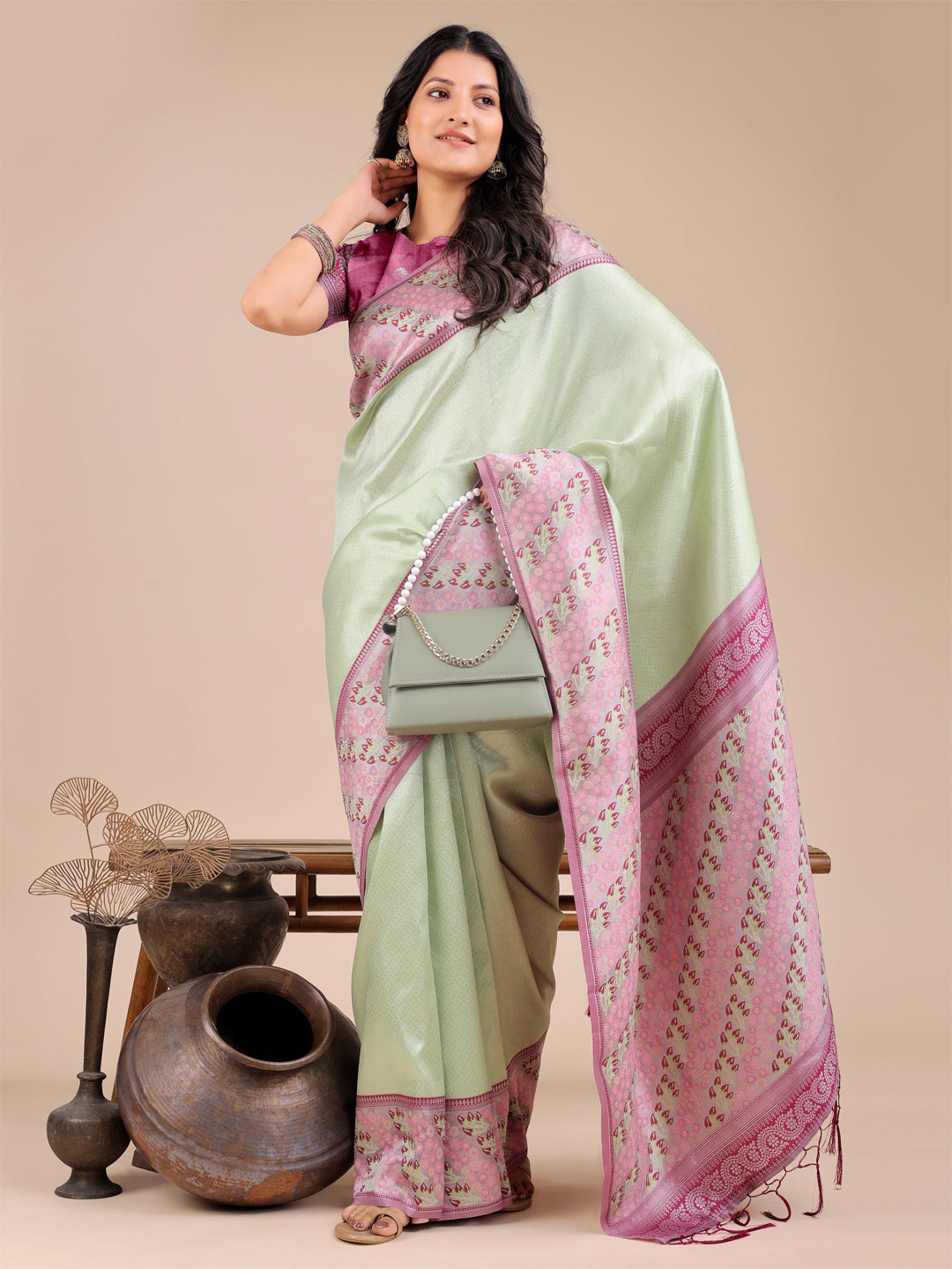 Shree Shyam Fashion Radiant Light Green Silk Saree with Pink & Blue Floral Pattern - Perfect for Weddings & Festive Glamour