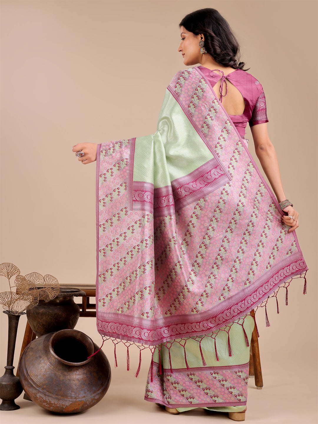 Shree Shyam Fashion Radiant Light Green Silk Saree with Pink & Blue Floral Pattern - Perfect for Weddings & Festive Glamour