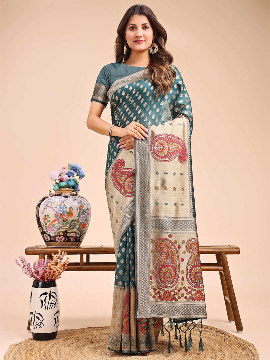 Shree Shyam Fashion Grace in Every Thread - Sea Green & Beige Linen Cotton Saree with Royal Paisley Charm