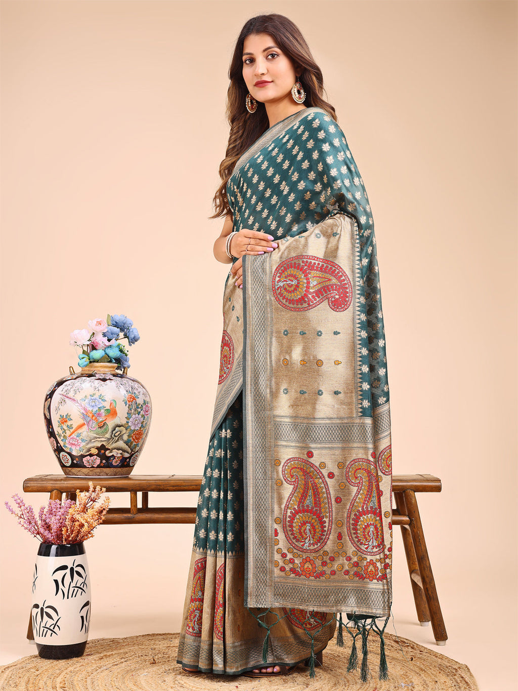 Shree Shyam Fashion Grace in Every Thread - Sea Green & Beige Linen Cotton Saree with Royal Paisley Charm