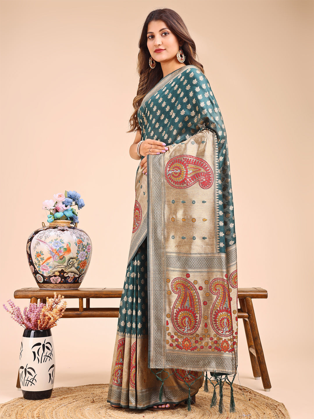 Shree Shyam Fashion Grace in Every Thread - Sea Green & Beige Linen Cotton Saree with Royal Paisley Charm