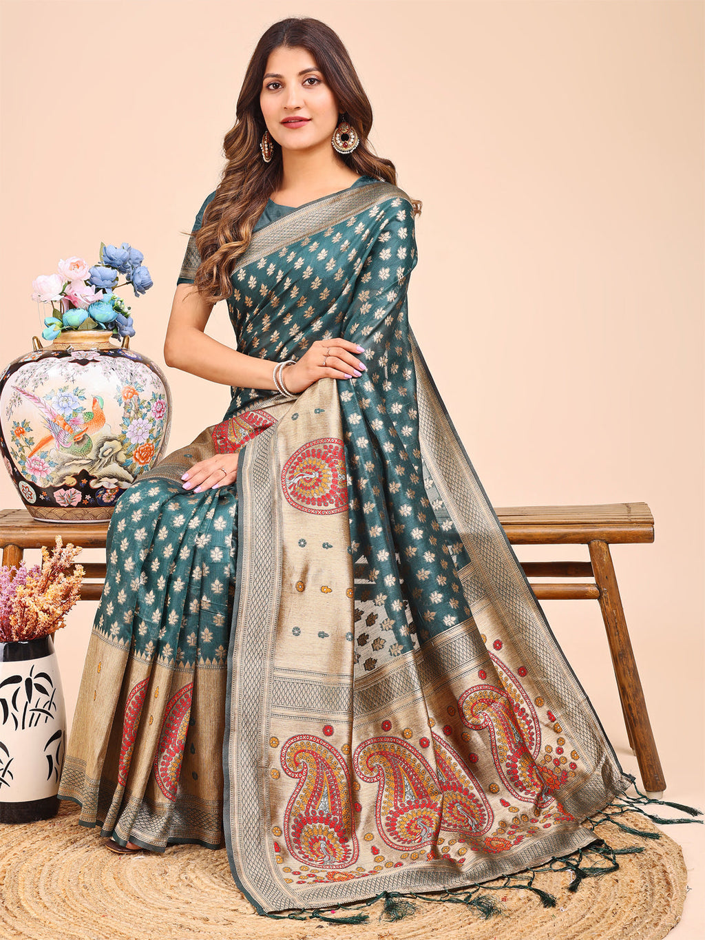 Shree Shyam Fashion Grace in Every Thread - Sea Green & Beige Linen Cotton Saree with Royal Paisley Charm
