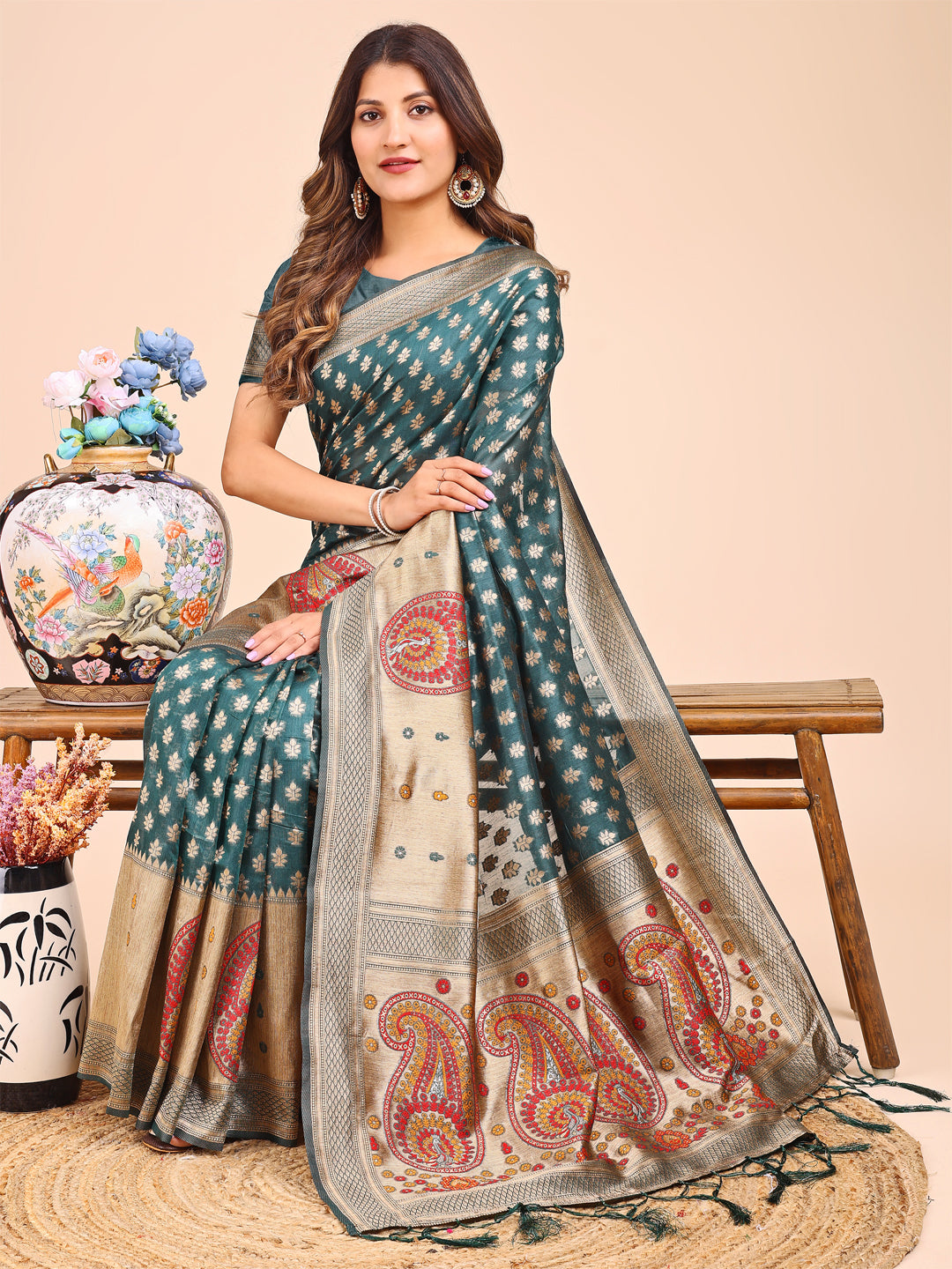 Shree Shyam Fashion Grace in Every Thread - Sea Green & Beige Linen Cotton Saree with Royal Paisley Charm