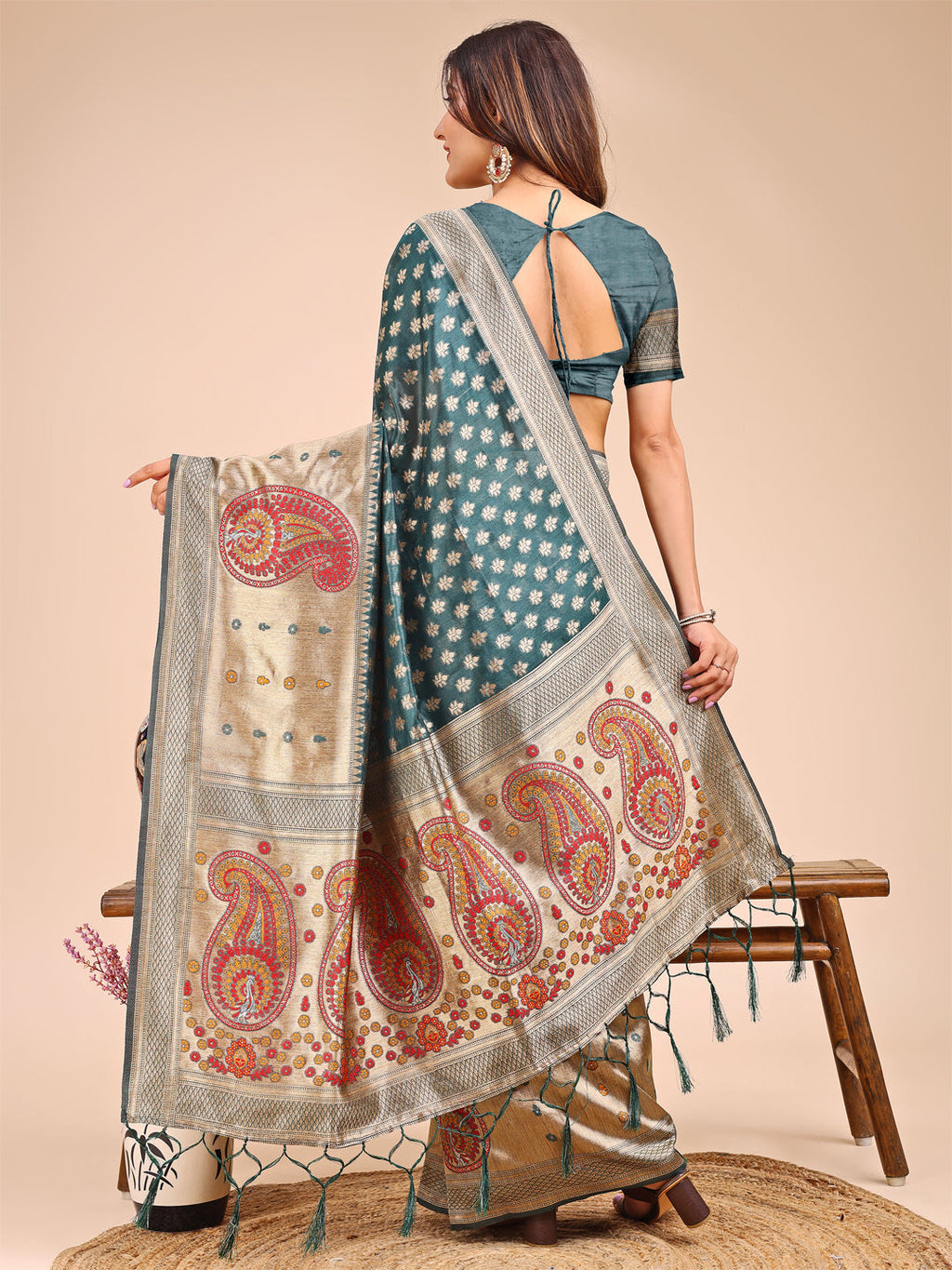 Shree Shyam Fashion Grace in Every Thread - Sea Green & Beige Linen Cotton Saree with Royal Paisley Charm