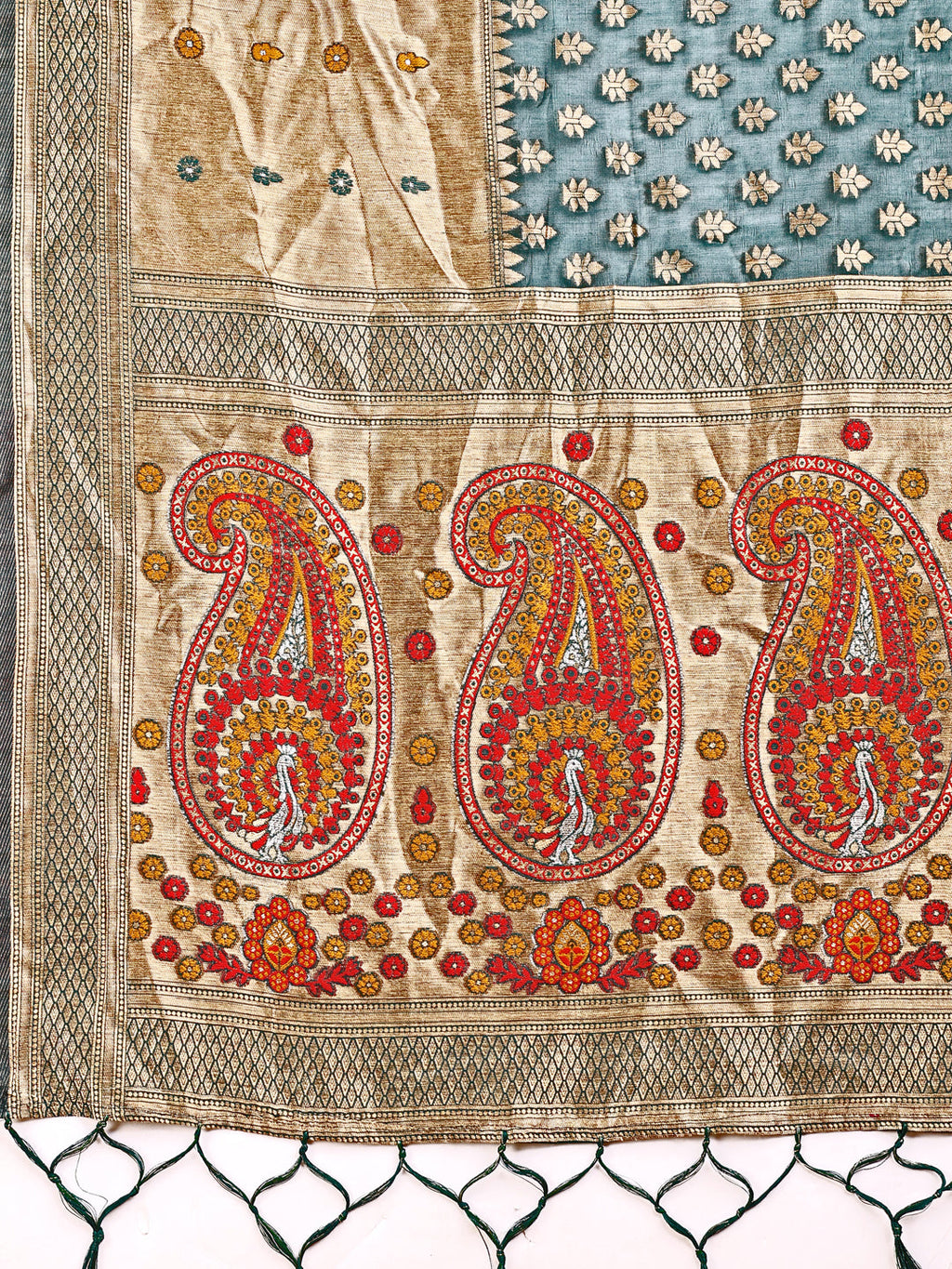 Shree Shyam Fashion Grace in Every Thread - Sea Green & Beige Linen Cotton Saree with Royal Paisley Charm
