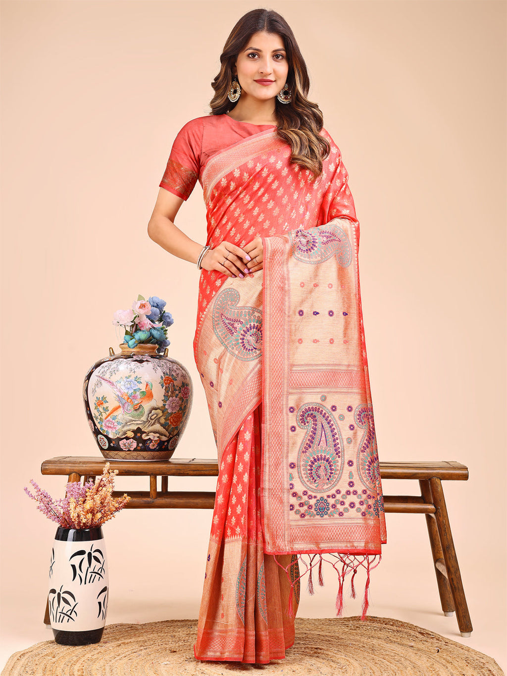 Shree Shyam Fashion Grace in Every Thread - Peach & Beige Linen Cotton Saree with Royal Paisley Charm