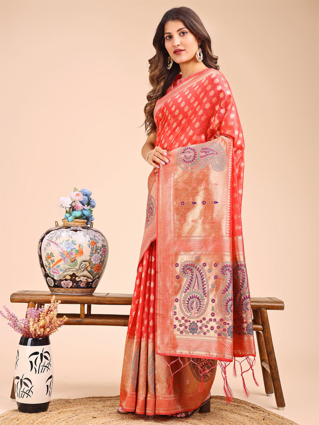 Shree Shyam Fashion Grace in Every Thread - Peach & Beige Linen Cotton Saree with Royal Paisley Charm