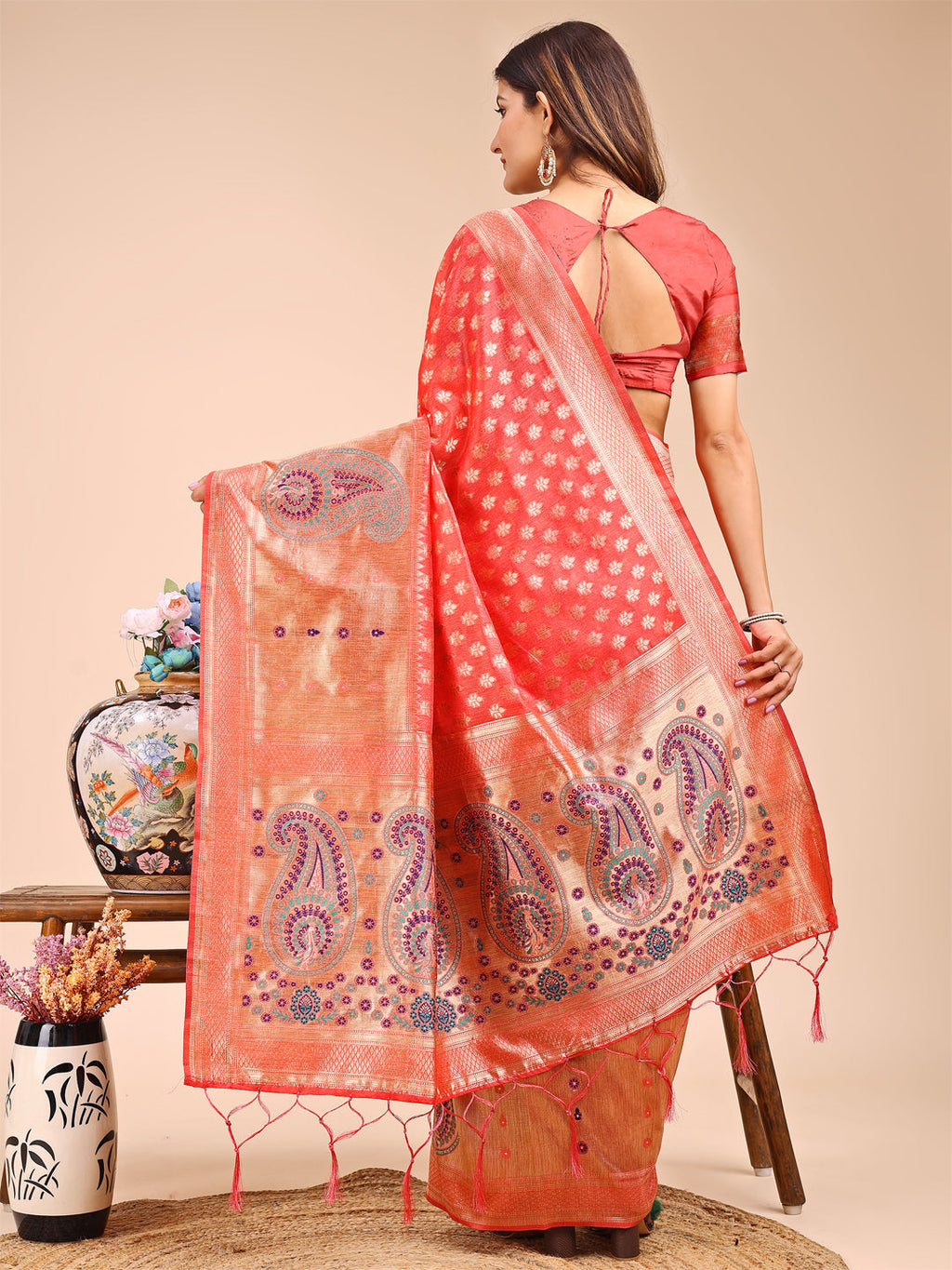 Shree Shyam Fashion Grace in Every Thread - Peach & Beige Linen Cotton Saree with Royal Paisley Charm