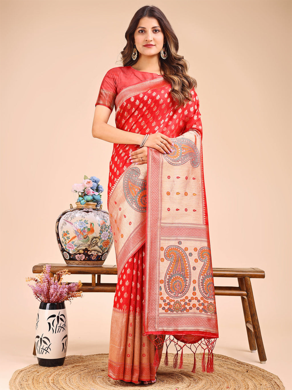 Shree Shyam Fashion Grace in Every Thread - Red & Beige Linen Cotton Saree with Royal Paisley Charm