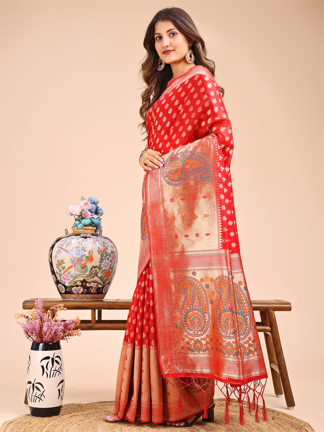 Shree Shyam Fashion Grace in Every Thread - Red & Beige Linen Cotton Saree with Royal Paisley Charm