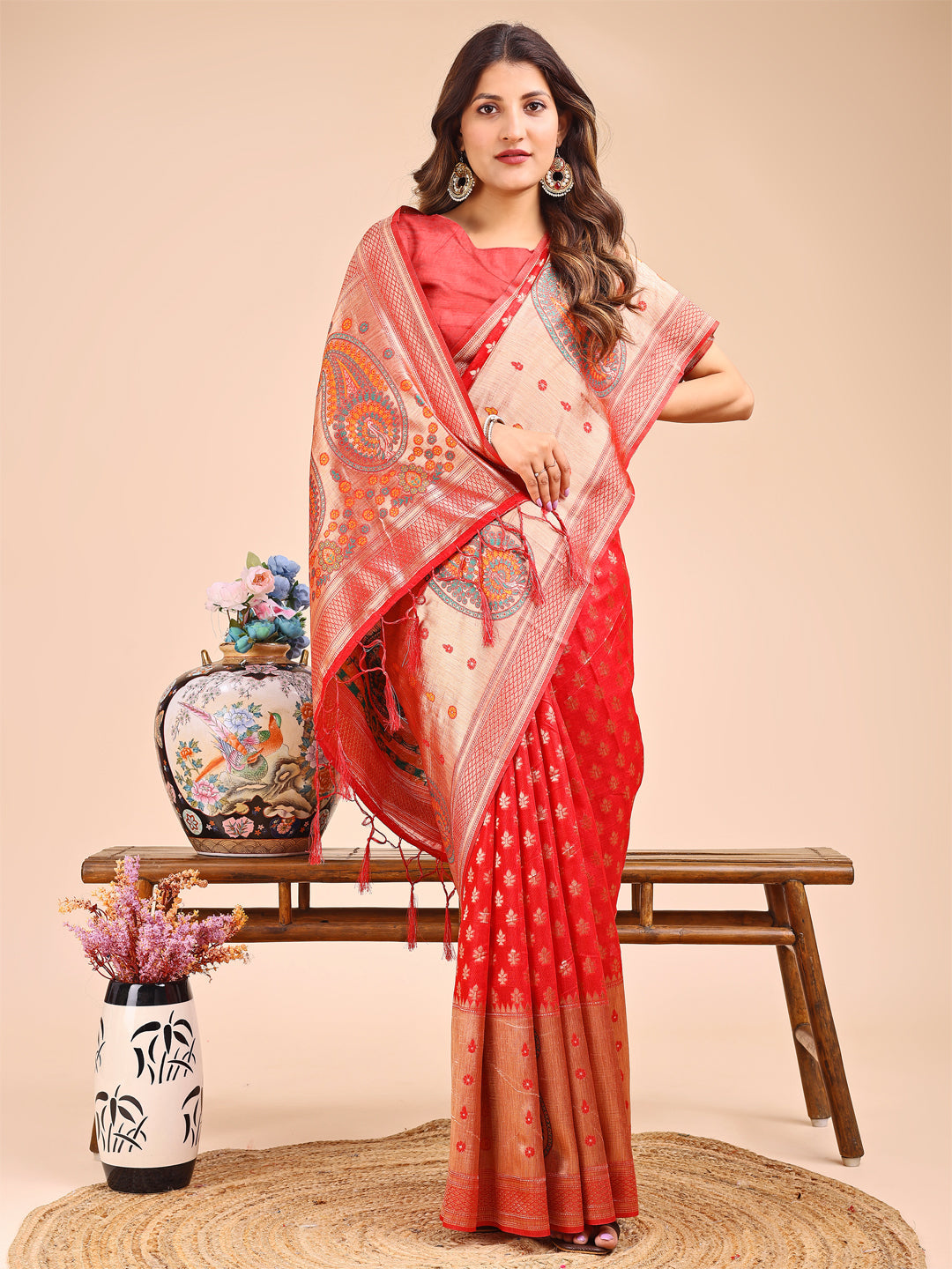 Shree Shyam Fashion Grace in Every Thread - Red & Beige Linen Cotton Saree with Royal Paisley Charm