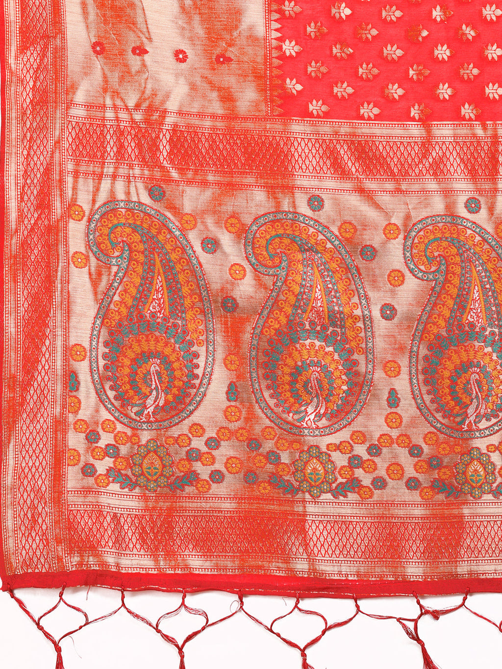 Shree Shyam Fashion Grace in Every Thread - Red & Beige Linen Cotton Saree with Royal Paisley Charm