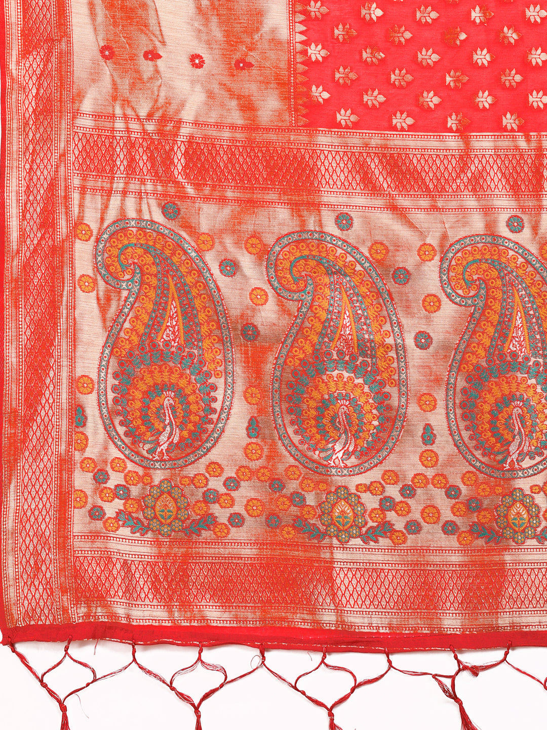 Shree Shyam Fashion Grace in Every Thread - Red & Beige Linen Cotton Saree with Royal Paisley Charm