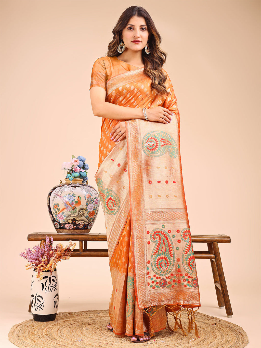 Shree Shyam Fashion Grace in Every Thread - Mustard & Beige Linen Cotton Saree with Royal Paisley Charm