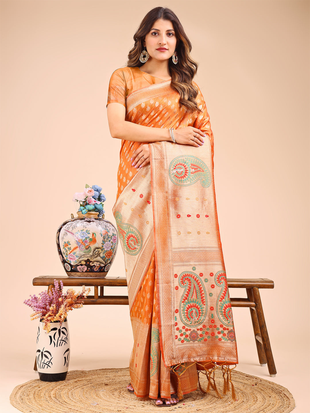 Shree Shyam Fashion Grace in Every Thread - Mustard & Beige Linen Cotton Saree with Royal Paisley Charm