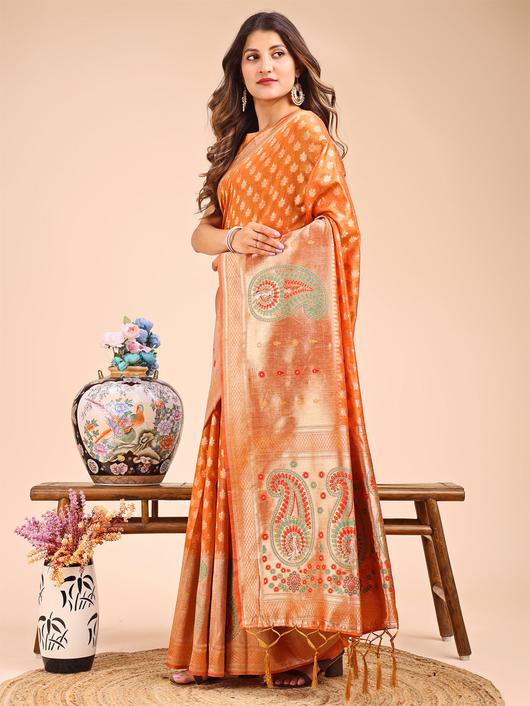 Shree Shyam Fashion Grace in Every Thread - Mustard & Beige Linen Cotton Saree with Royal Paisley Charm