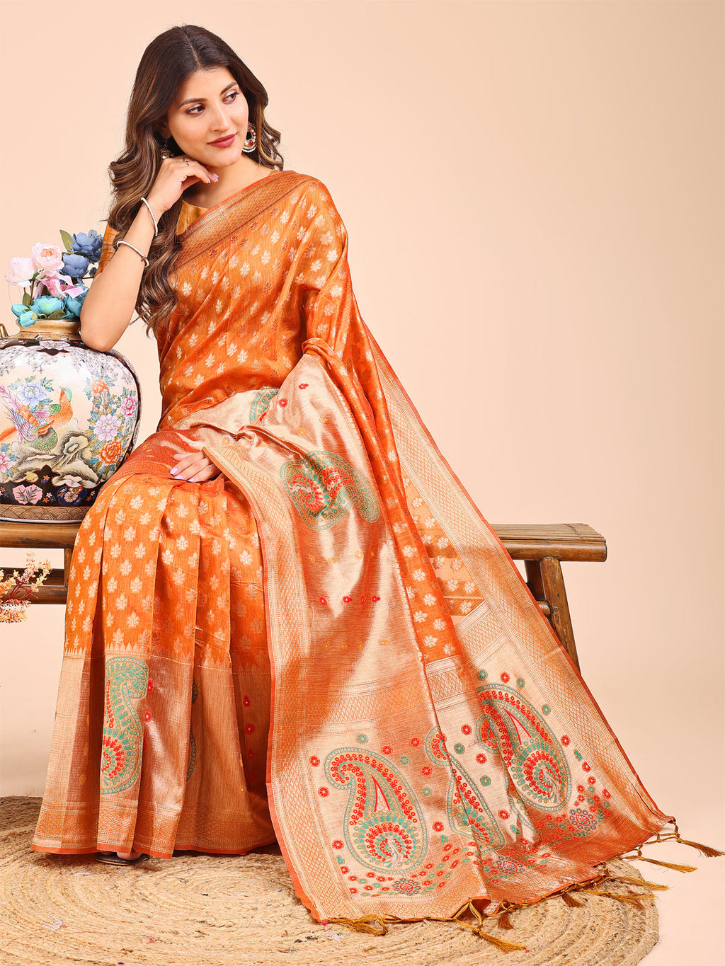 Shree Shyam Fashion Grace in Every Thread - Mustard & Beige Linen Cotton Saree with Royal Paisley Charm