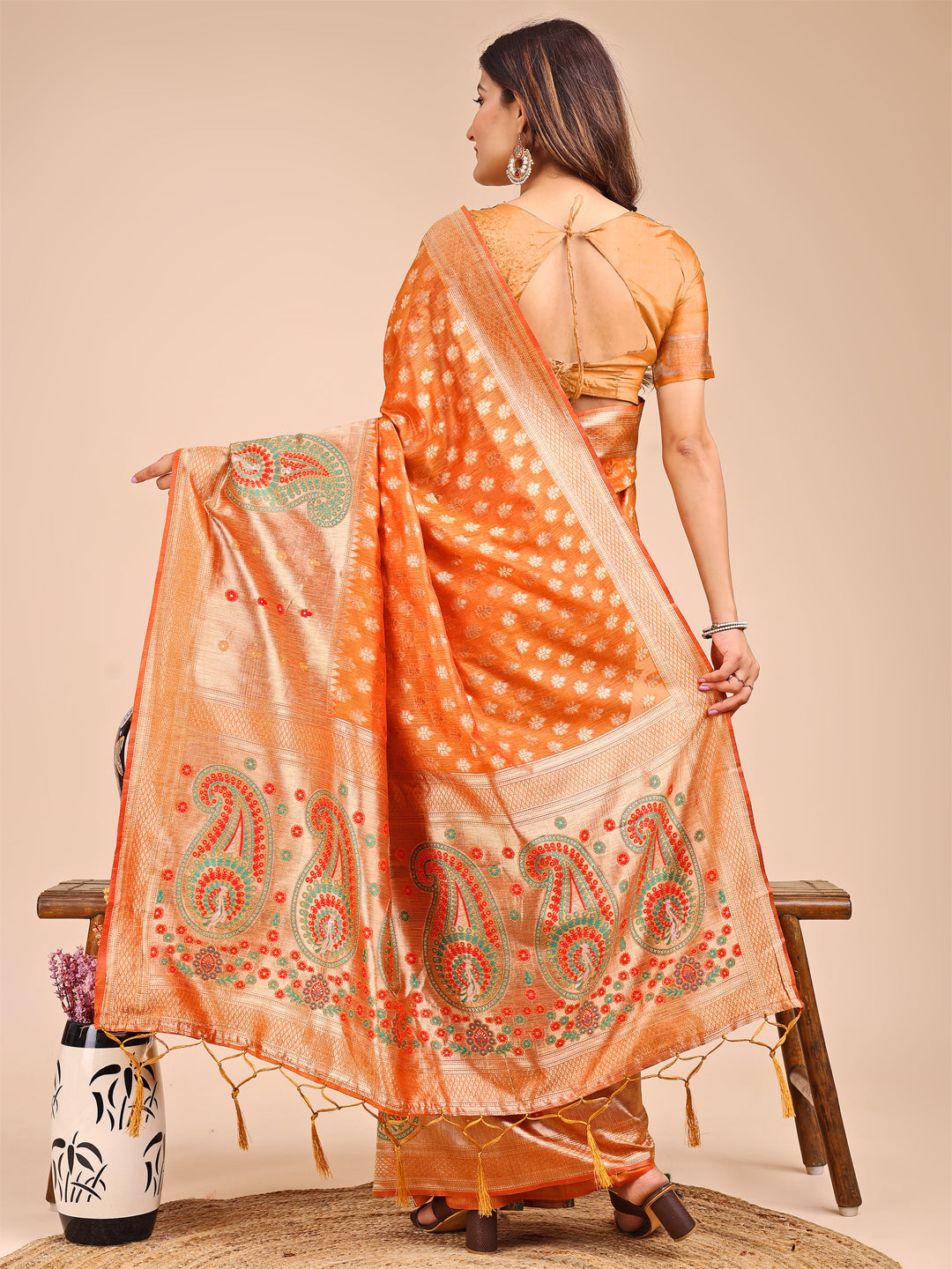 Shree Shyam Fashion Grace in Every Thread - Mustard & Beige Linen Cotton Saree with Royal Paisley Charm