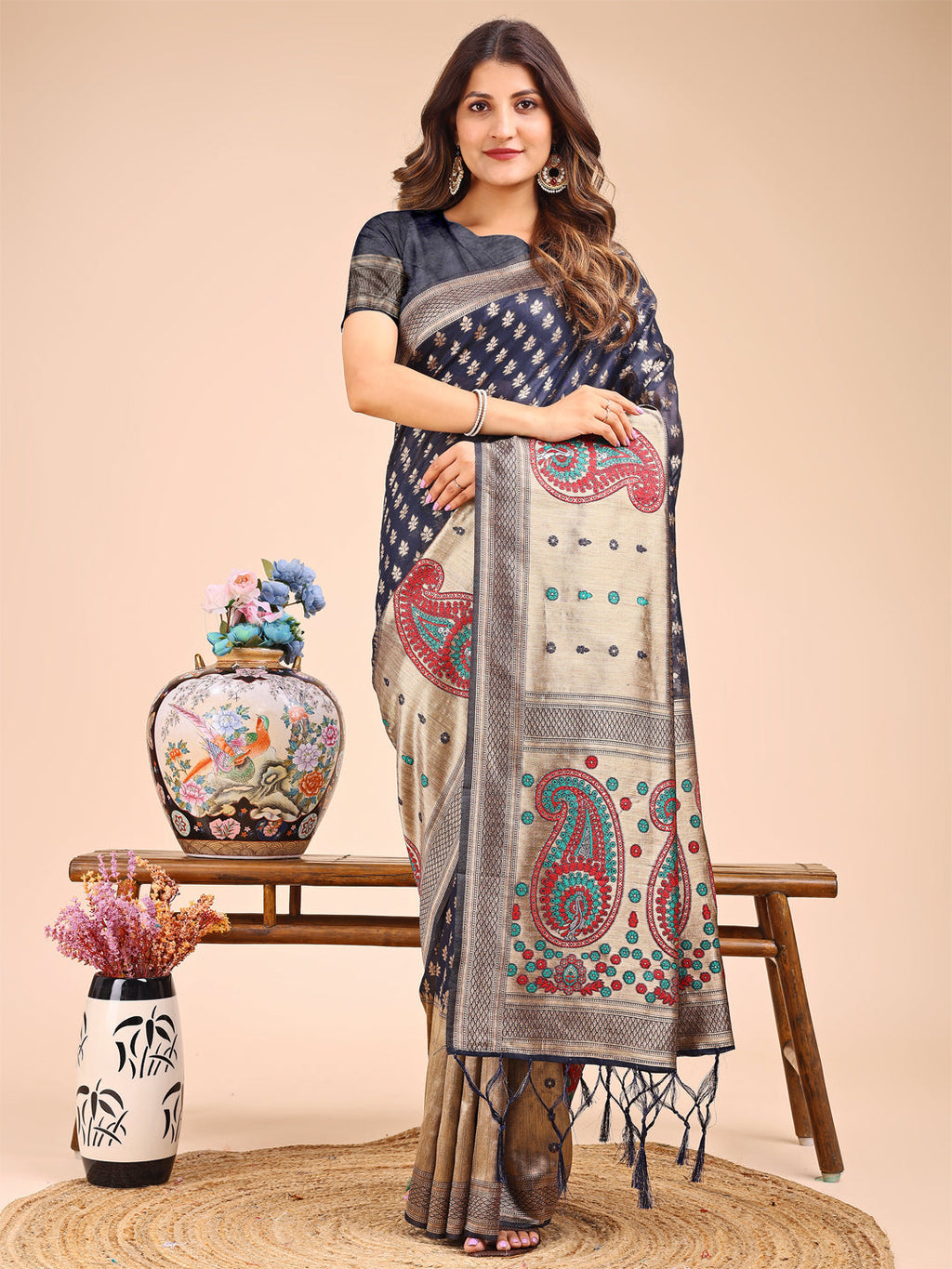 Shree Shyam Fashion Grace in Every Thread - Navy Blue & Beige Linen Cotton Saree with Royal Paisley Charm