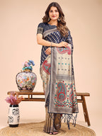 Shree Shyam Fashion Grace in Every Thread - Navy Blue & Beige Linen Cotton Saree with Royal Paisley Charm