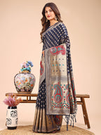 Shree Shyam Fashion Grace in Every Thread - Navy Blue & Beige Linen Cotton Saree with Royal Paisley Charm
