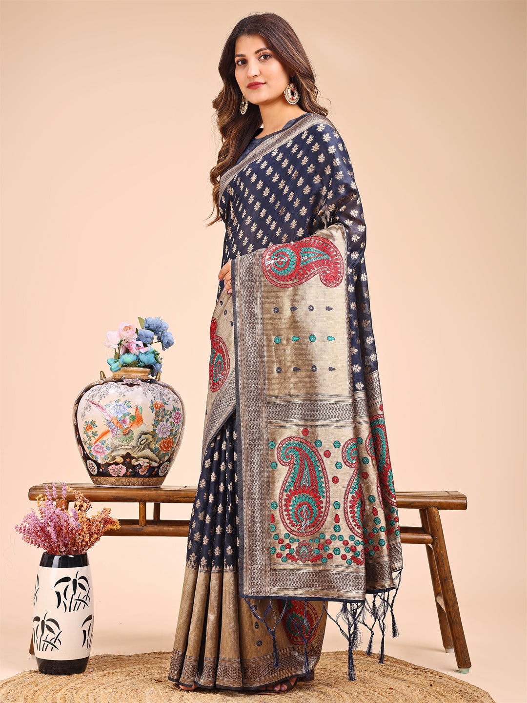 Shree Shyam Fashion Grace in Every Thread - Navy Blue & Beige Linen Cotton Saree with Royal Paisley Charm