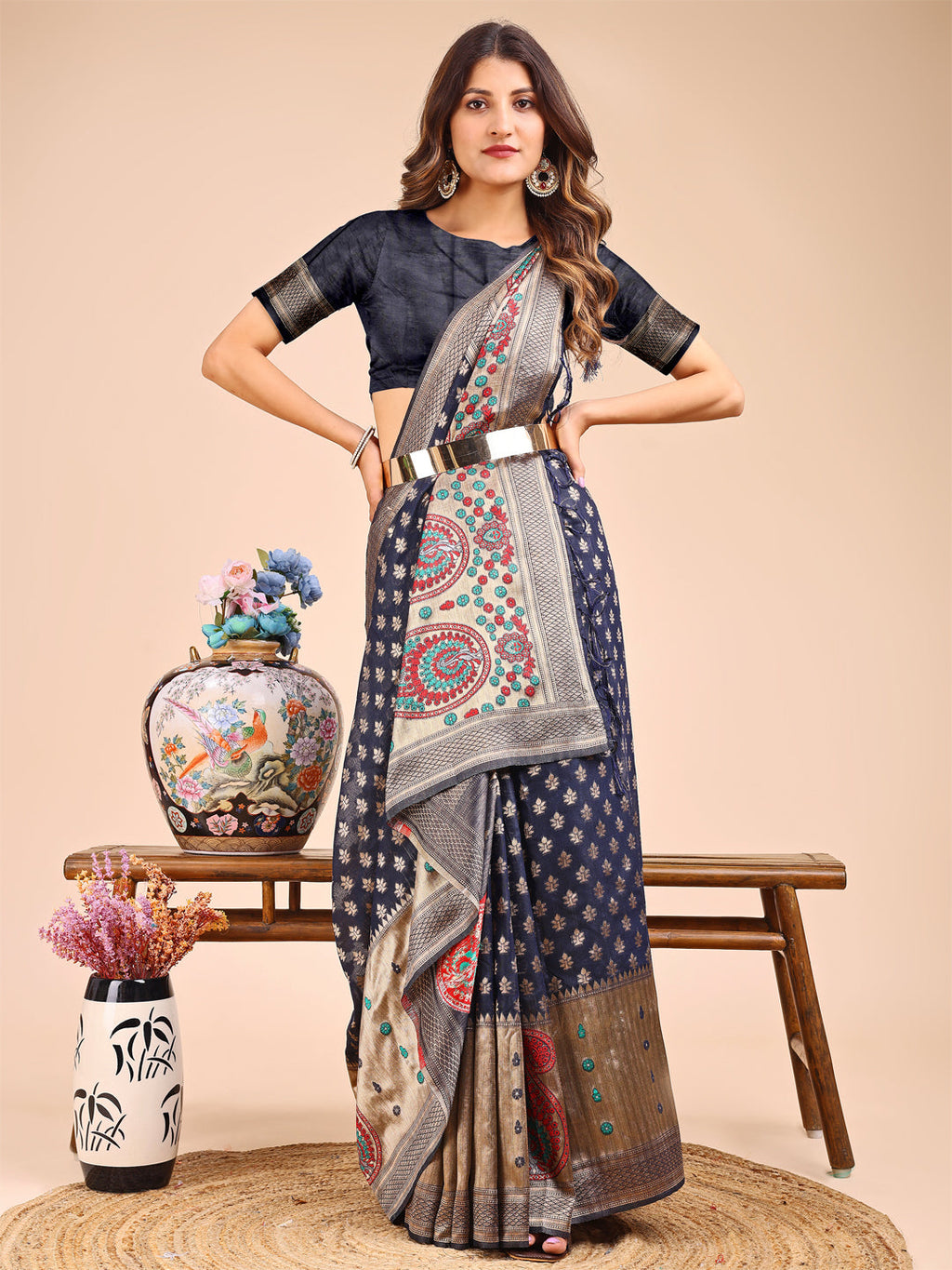 Shree Shyam Fashion Grace in Every Thread - Navy Blue & Beige Linen Cotton Saree with Royal Paisley Charm