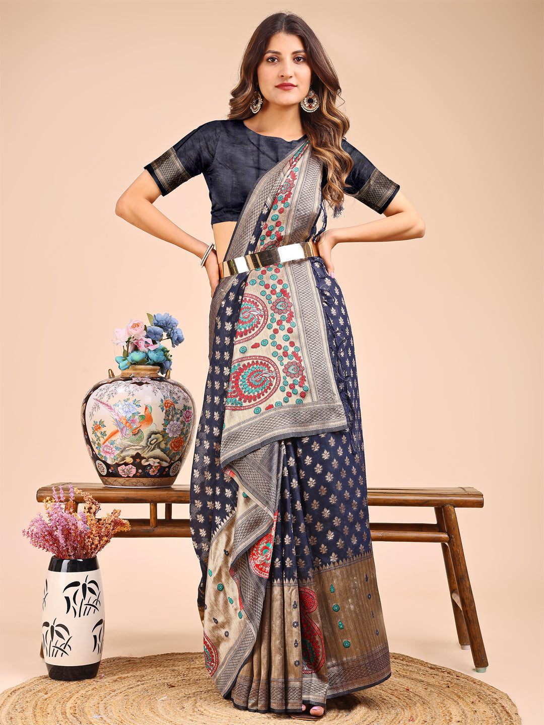 Shree Shyam Fashion Grace in Every Thread - Navy Blue & Beige Linen Cotton Saree with Royal Paisley Charm