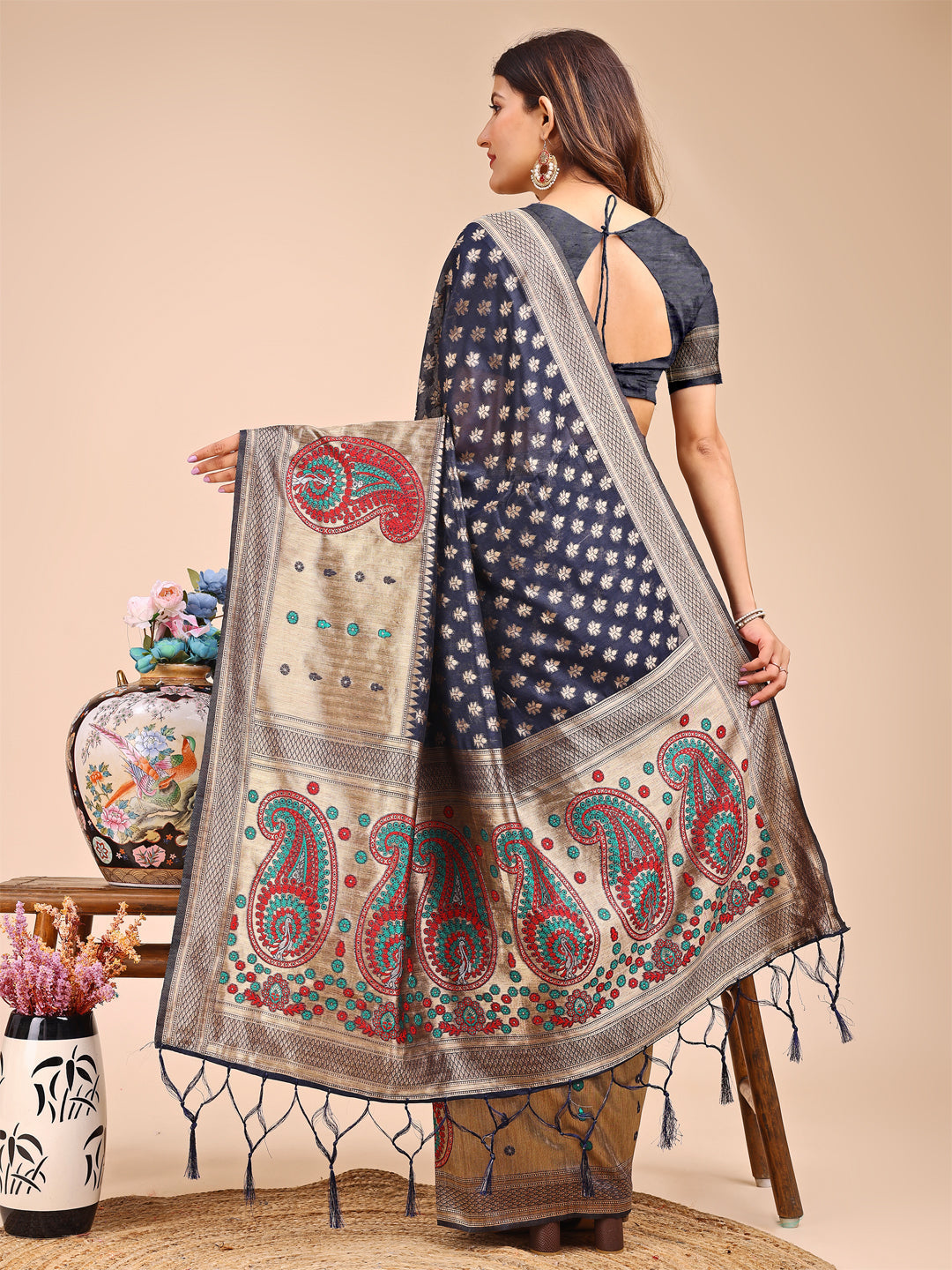 Shree Shyam Fashion Grace in Every Thread - Navy Blue & Beige Linen Cotton Saree with Royal Paisley Charm