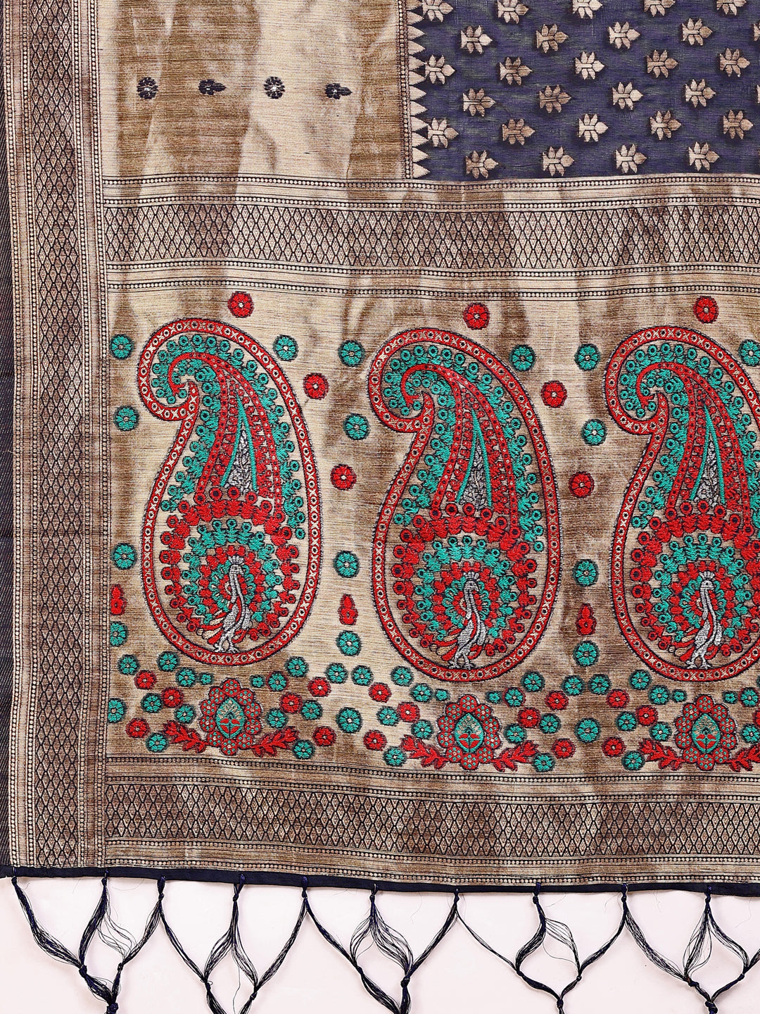 Shree Shyam Fashion Grace in Every Thread - Navy Blue & Beige Linen Cotton Saree with Royal Paisley Charm