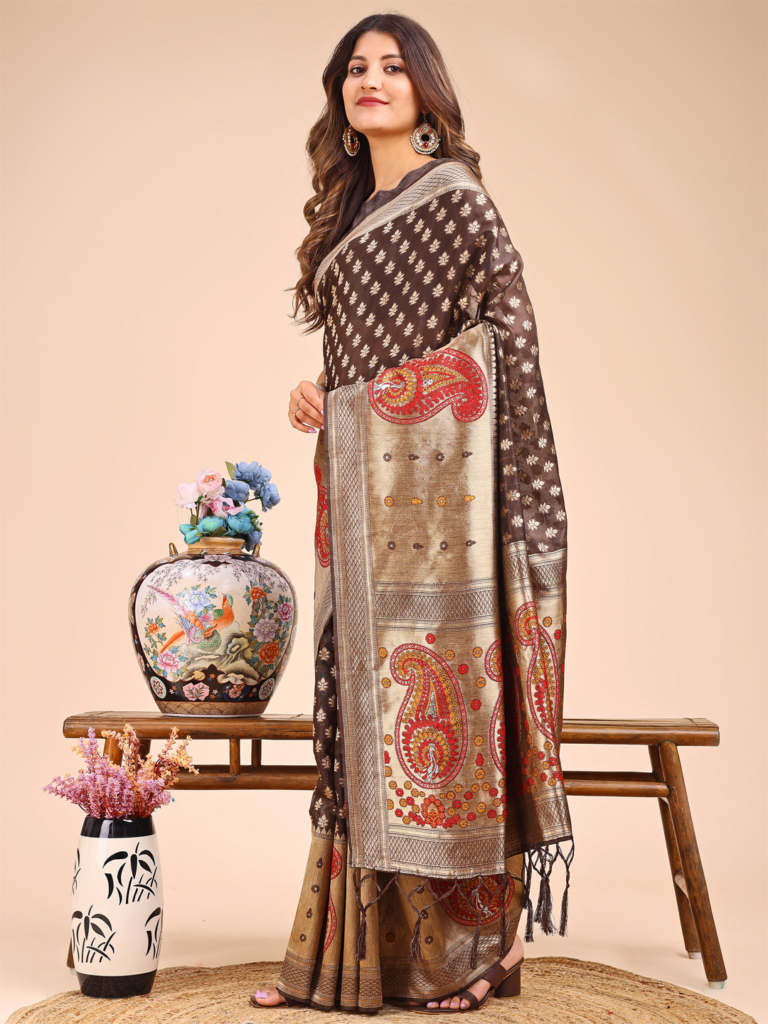 Shree Shyam Fashion Grace in Every Thread - Brown & Beige Linen Cotton Saree with Royal Paisley Charm