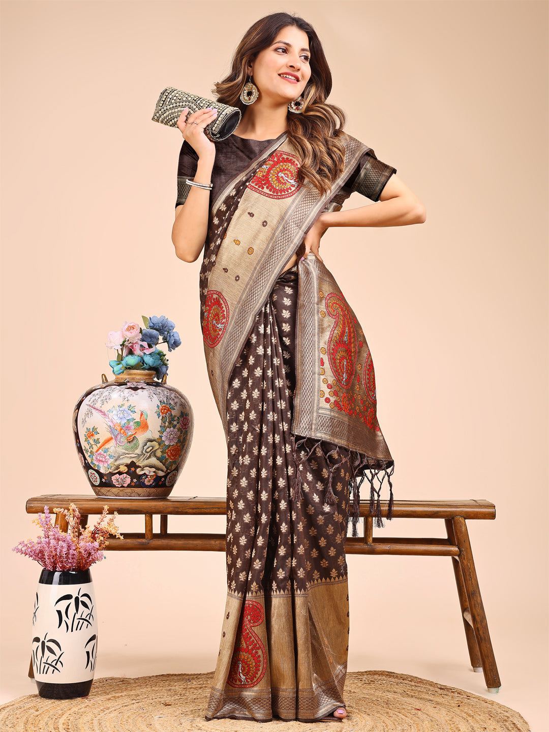 Shree Shyam Fashion Grace in Every Thread - Brown & Beige Linen Cotton Saree with Royal Paisley Charm