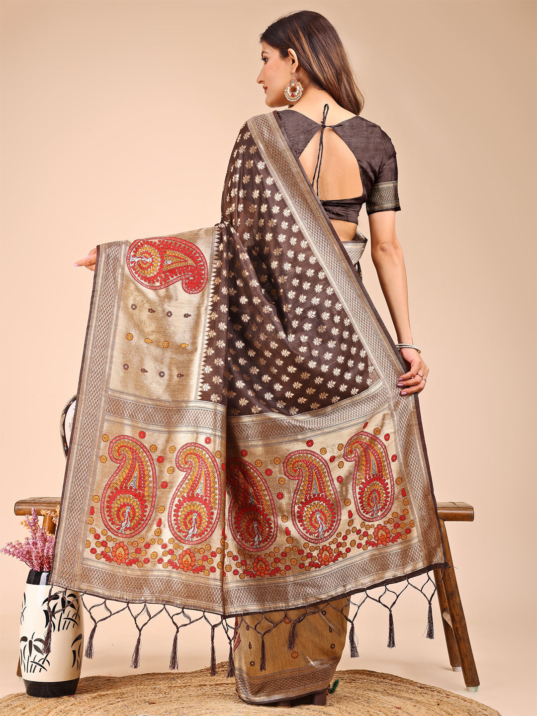 Shree Shyam Fashion Grace in Every Thread - Brown & Beige Linen Cotton Saree with Royal Paisley Charm