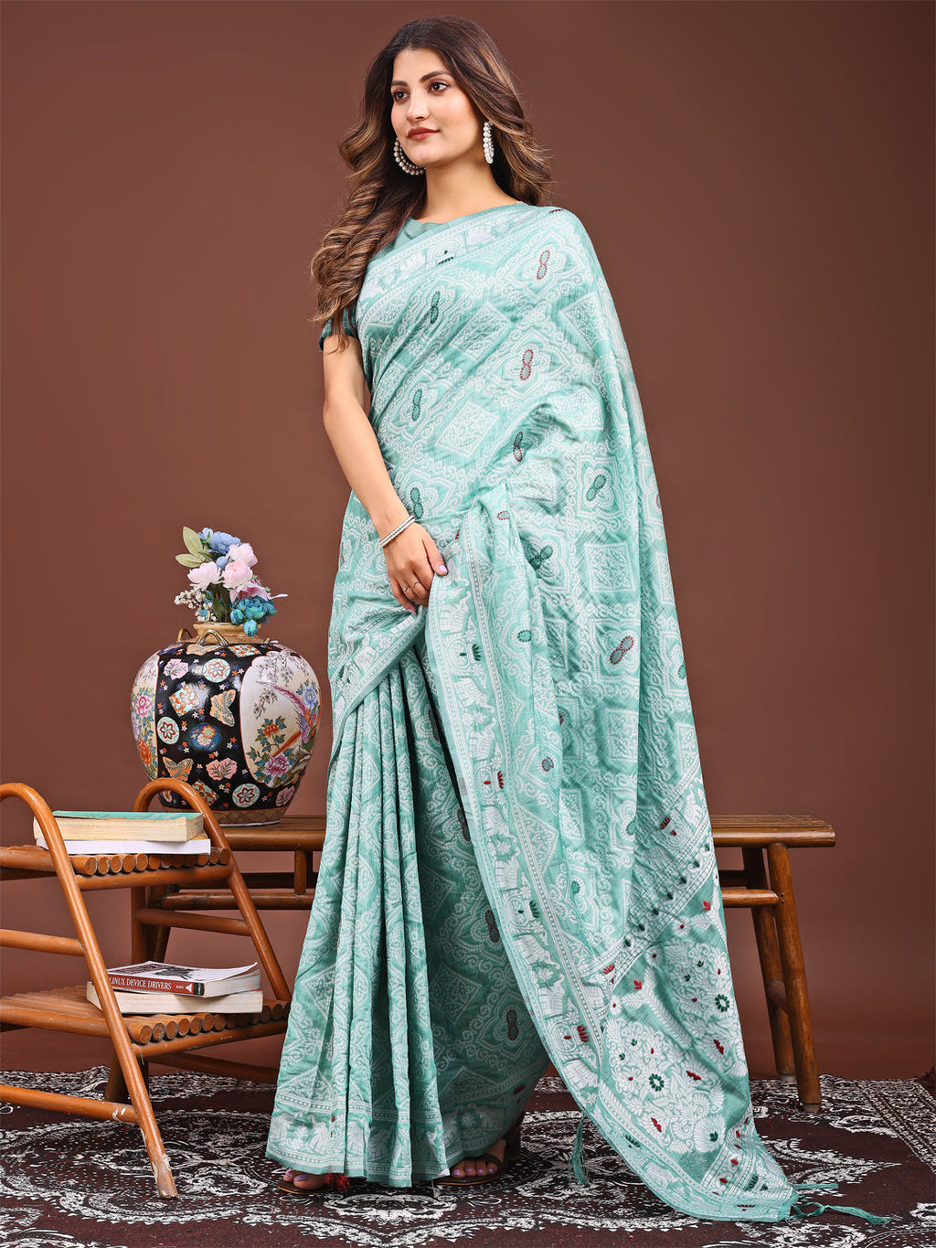 Shree Shyam Fashion Graceful Sea Green Printed Saree - A Symphony of Culture and Feminine Charm