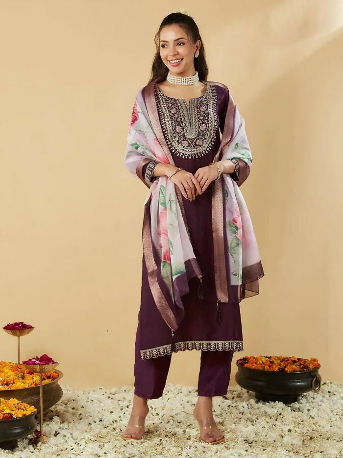 The52 Women's Beautiful Chanderi Silk Fabric Embroidery Work Straight Kurta Pant and Dupatta Set - Distacart