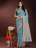 Shree Shyam Fashion Teal Blue Linen Cotton Saree with Woven Geometric Zari Motifs - Elegant Festive Wear for Women