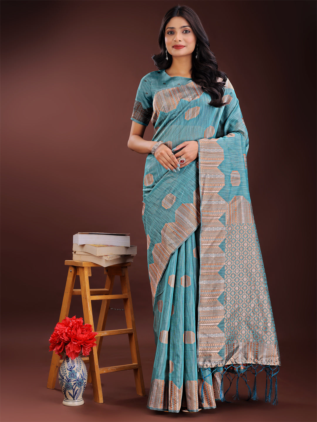 Shree Shyam Fashion Teal Blue Linen Cotton Saree with Woven Geometric Zari Motifs - Elegant Festive Wear for Women