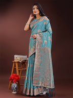Shree Shyam Fashion Teal Blue Linen Cotton Saree with Woven Geometric Zari Motifs - Elegant Festive Wear for Women