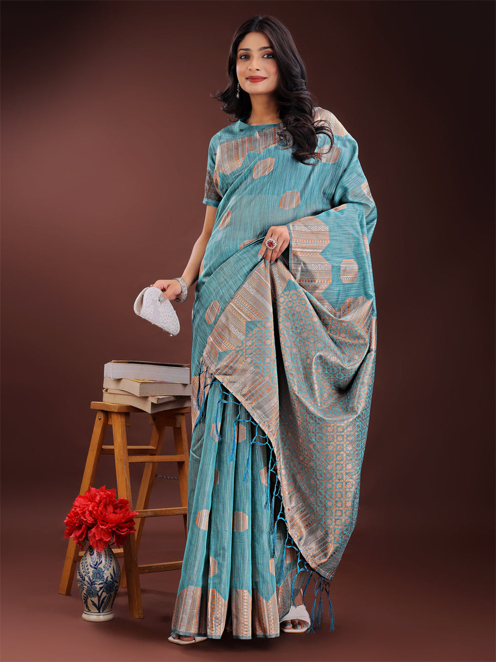 Shree Shyam Fashion Teal Blue Linen Cotton Saree with Woven Geometric Zari Motifs - Elegant Festive Wear for Women