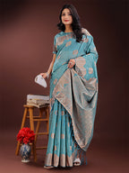 Shree Shyam Fashion Teal Blue Linen Cotton Saree with Woven Geometric Zari Motifs - Elegant Festive Wear for Women