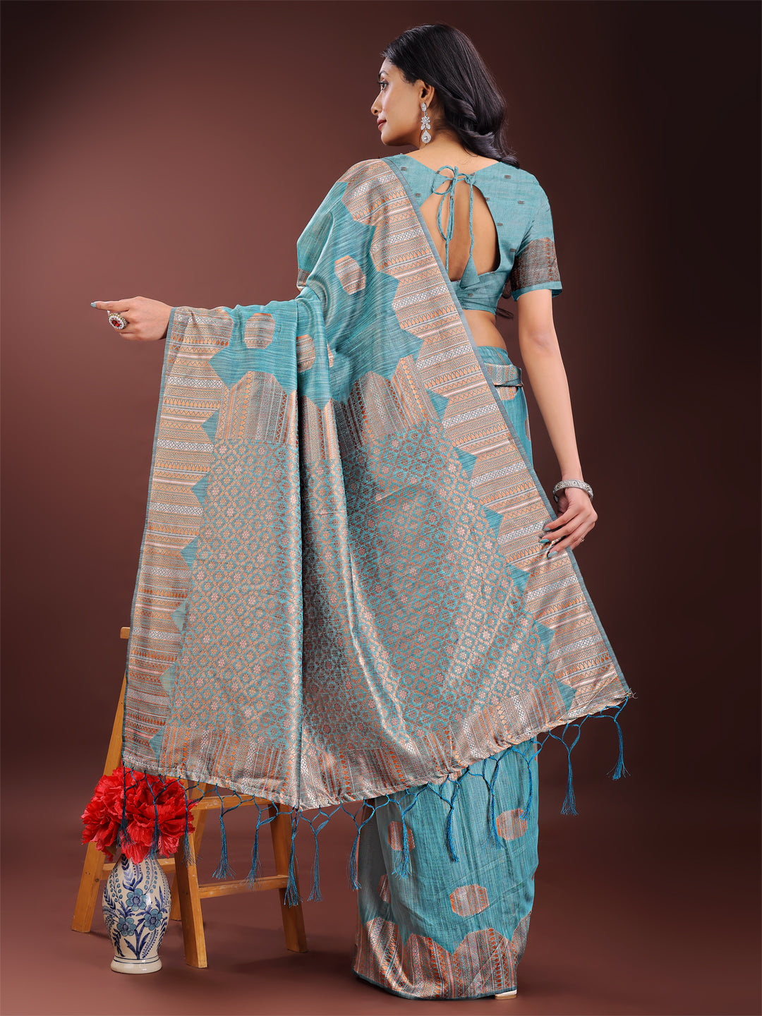 Shree Shyam Fashion Teal Blue Linen Cotton Saree with Woven Geometric Zari Motifs - Elegant Festive Wear for Women